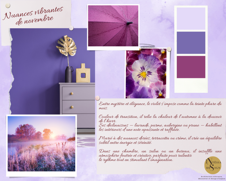 Palette de couleurs lilas et mauve avec des éléments décoratifs sur fond violet.