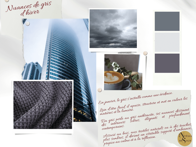 Palette de couleurs grises, texture de tissu, bâtiment moderne et café sur table.
