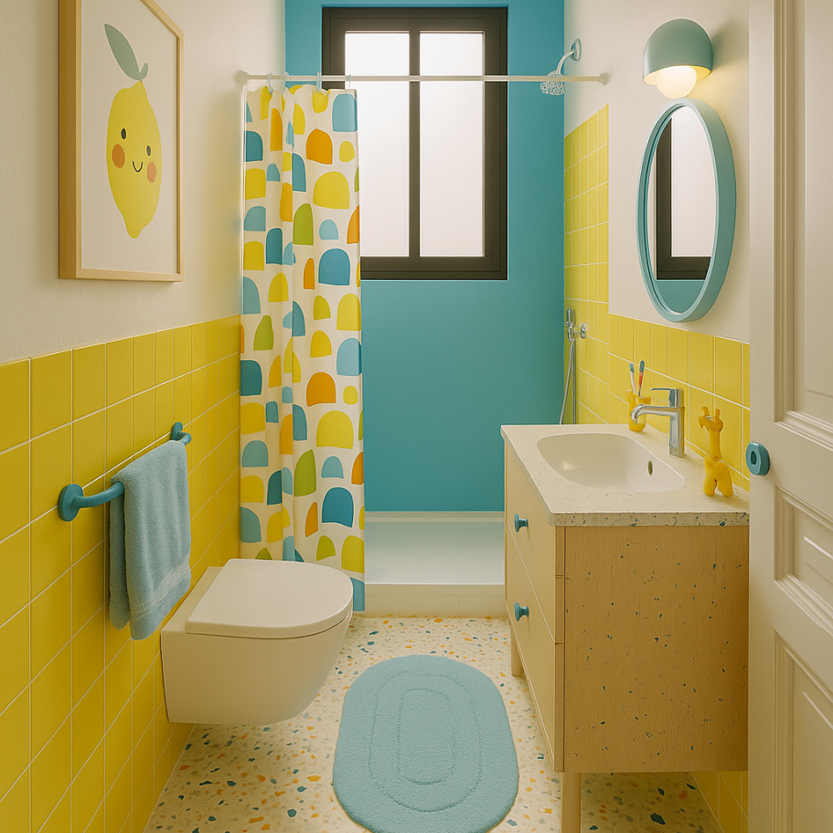 Salle de bain colorée avec carrelage jaune, rideau de douche multicolore et lavabo moderne.