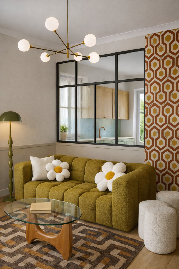 Salon moderne avec canapé vert, coussins en forme de fleur, table en verre et décoration rétro.