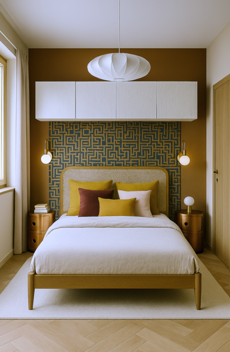 Chambre moderne avec lit, coussins colorés et décor mural en mosaïque.