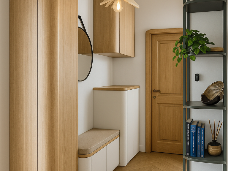 Entrée moderne avec des éléments en bois, miroir rond et étagère décorative.