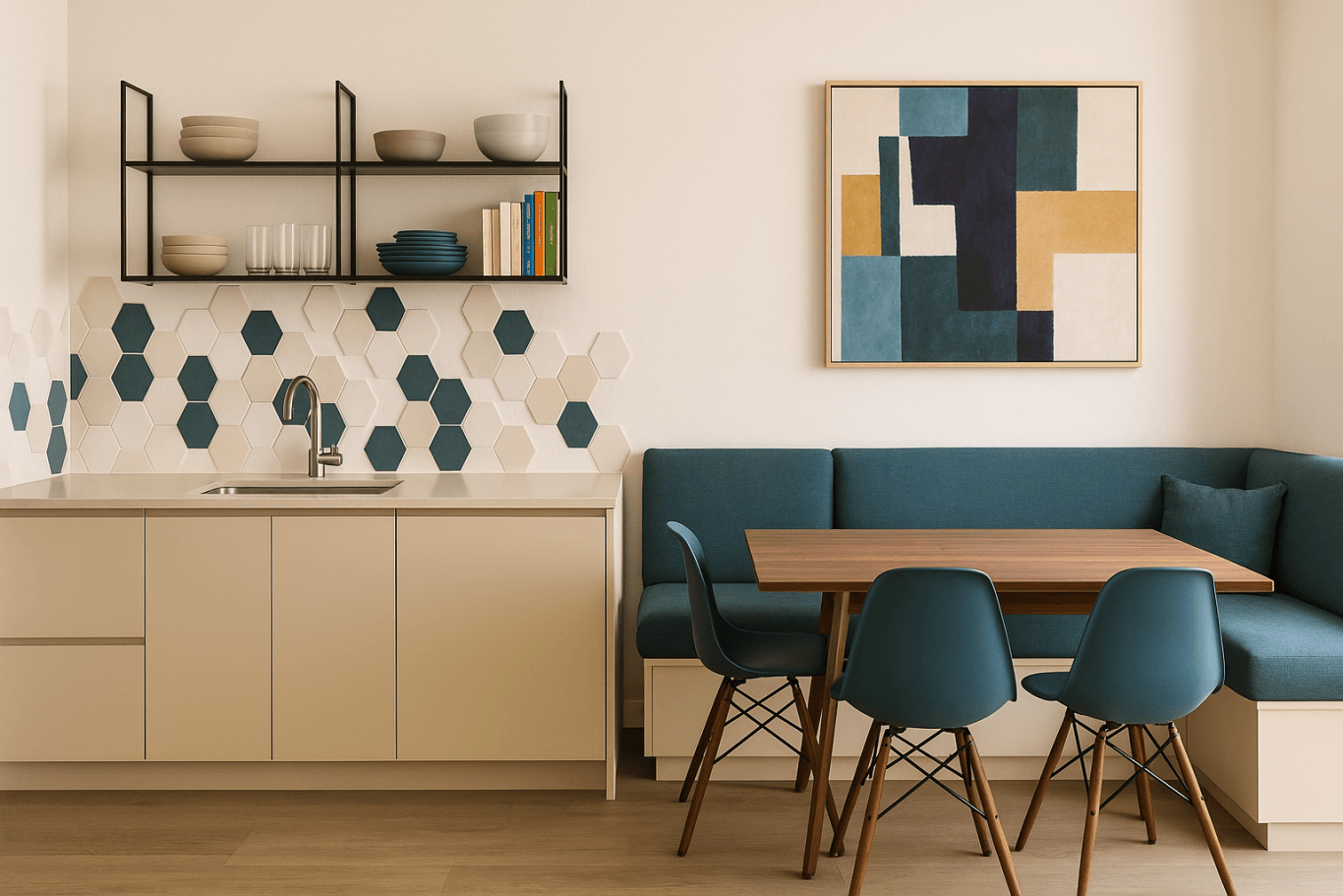 Cuisine moderne avec canapé bleu et table en bois, décorée de formes géométriques.