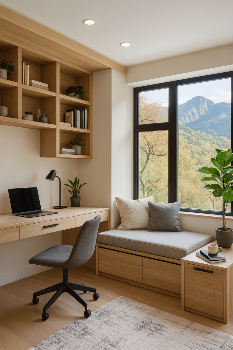 Bureau moderne avec éclairage naturel, fauteuil, plantes et vue sur la montagne.