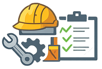 Casque de sécurité, outillage et liste de vérification pour un site de construction.