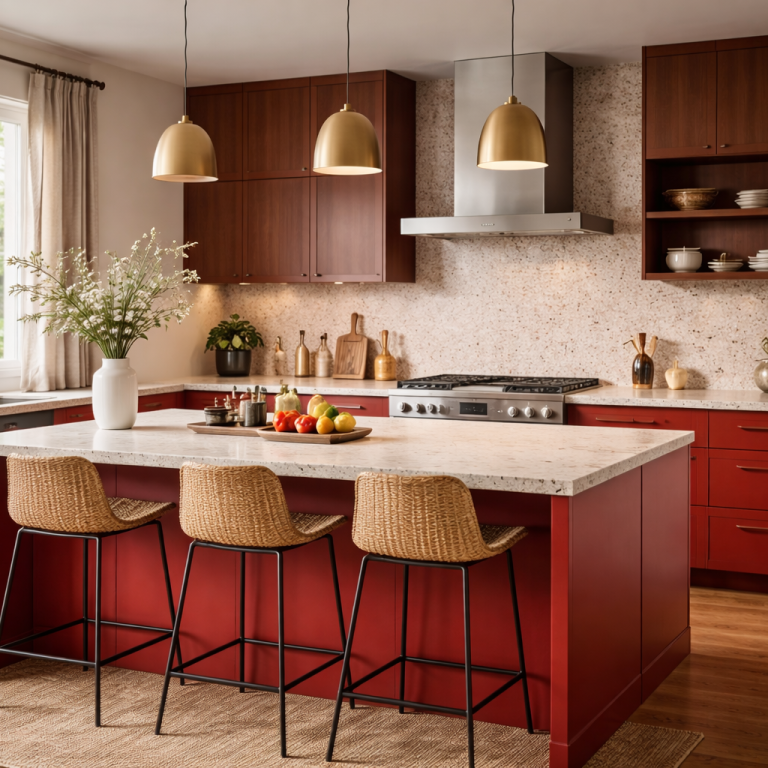 Cuisine moderne et chaleureuse - Intësia Design Nantes Cuisine moderne avec un îlot central rouge et des tabourets en osier. Éclairage doré.