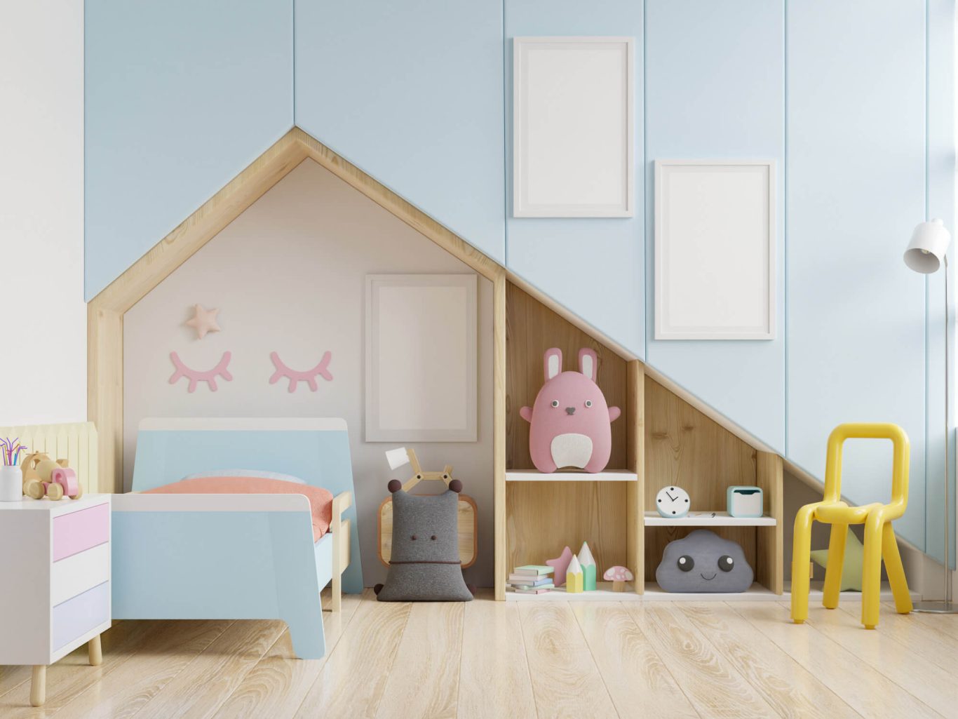 Chambre d’enfant colorée avec lit, étagères et jouets, murs pastel et décor en forme de maison.