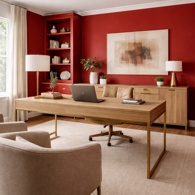 Aménagement bureau dynamique - Intësia Design Saint Sébastien sur Loire Bureau moderne en bois avec chaises confortables, murs rouges et décor épuré.