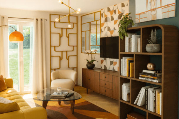 Salon moderne avec murs texturés, canapé jaune, étagère en bois, et éléments décoratifs.