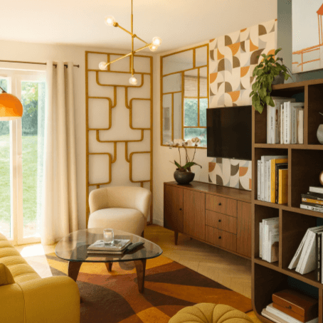 Salon élégant avec mobilier moderne, tapisserie colorée et abondante lumière naturelle.