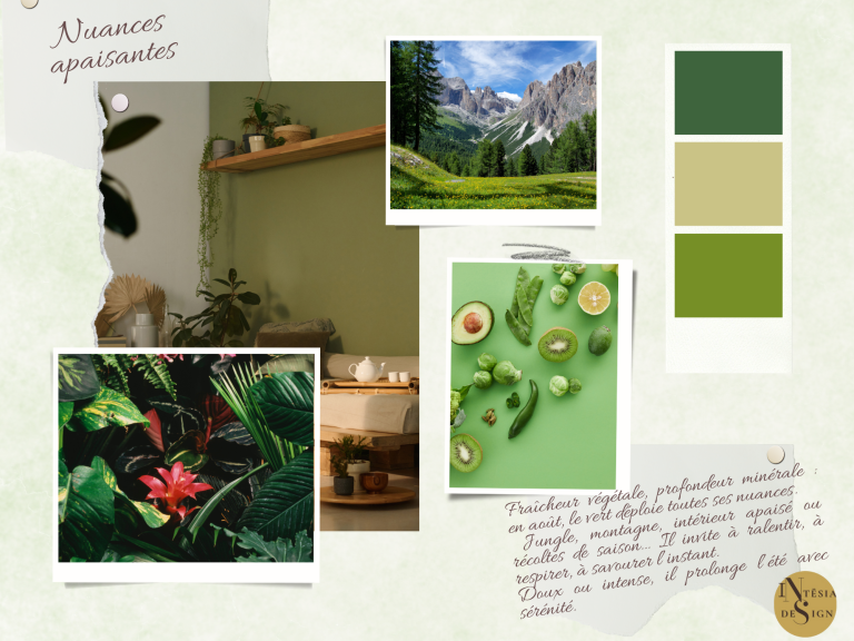 Palette de verts, plantes d'intérieur, montagne verdoyante et éléments botaniques.