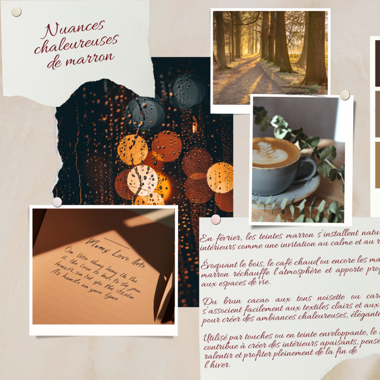 Moodboard fevrier - Intësia Design Rezé Collage d'images évoquant l'automne : café, nature, lumière douce et textes poétiques.