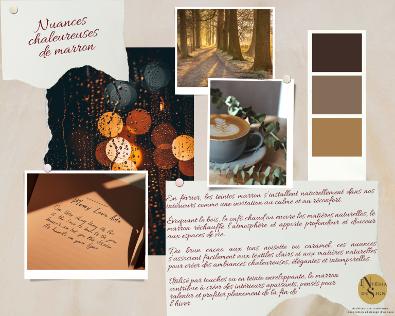 Collage de textures, couleurs naturelles et un café, évoquant la convivialité.