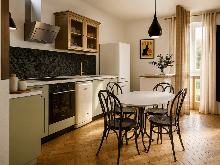 Cuisine moderne avec des meubles en bois, table ronde et chaises noires. Lumière naturelle.