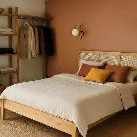 Chambre élégante avec lit en bois, coussins colorés et mur ocre.