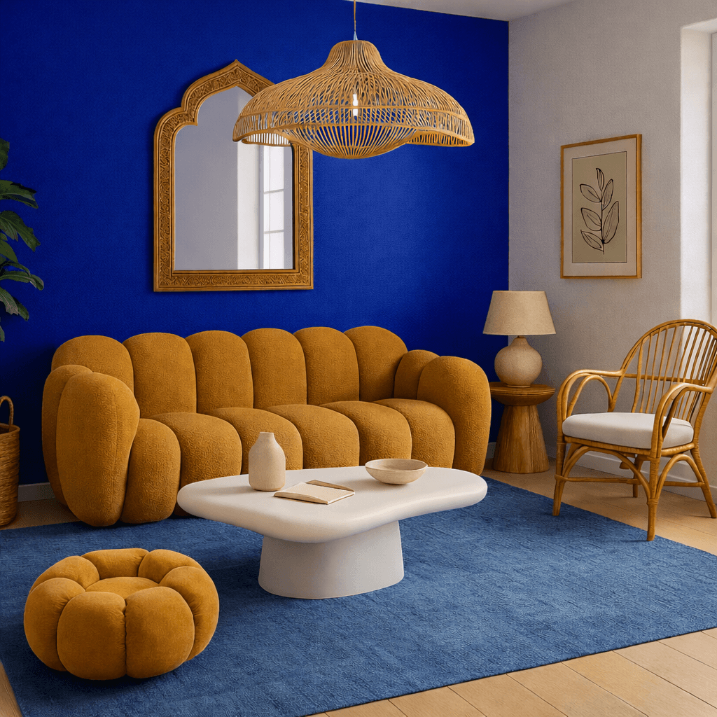 Salon moderne avec canapé moelleux orange, table basse blanche et mur bleu.