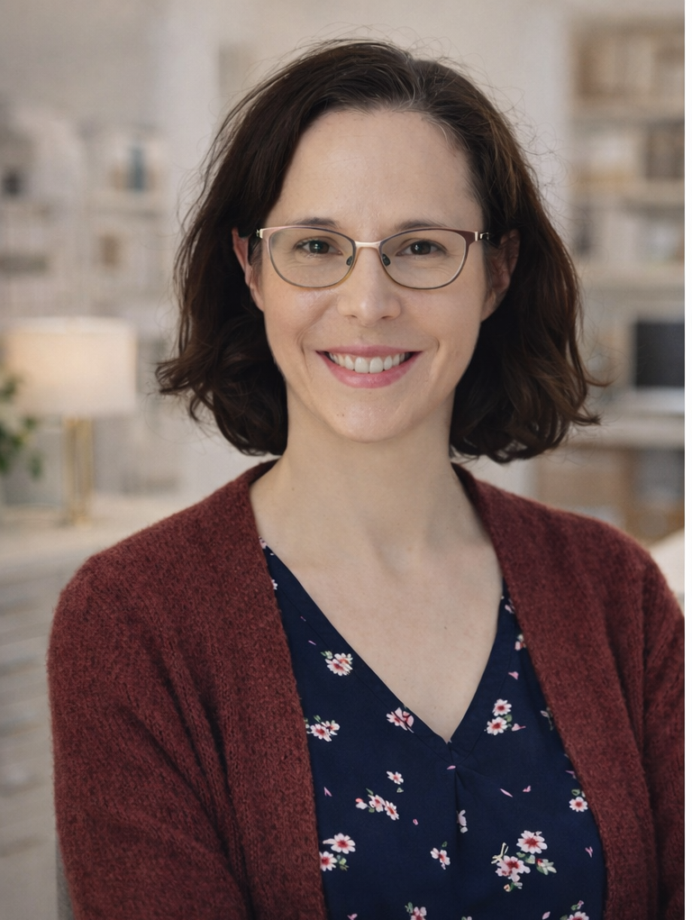 Photo créatrice Intësia Design Nantes Femme souriante avec des lunettes, cheveux bruns ondulés, portant un pull rouge et une robe fleurie.